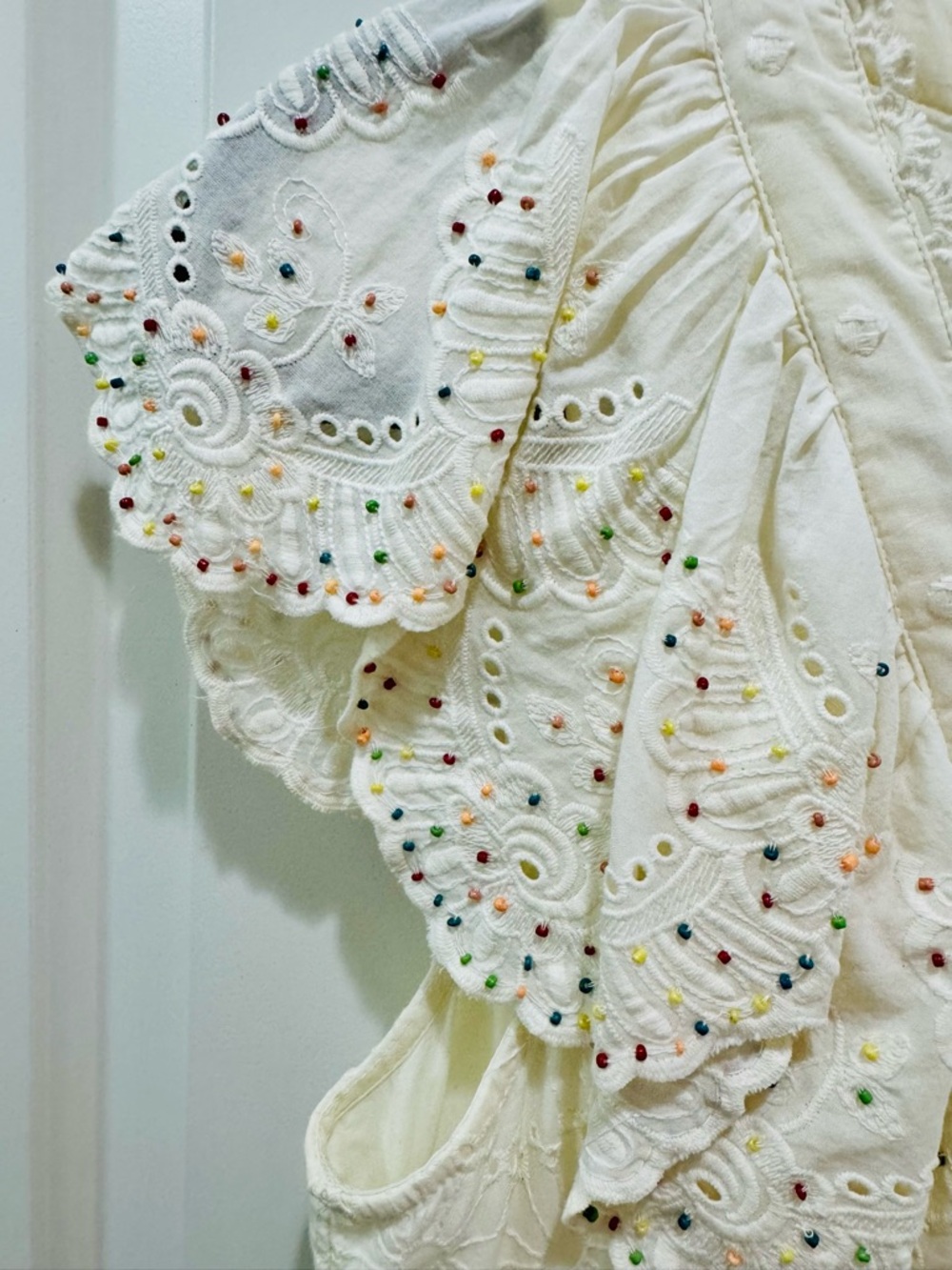 FARM Rio Ivory Eyelet Ruffle V-Neck Dress with Multicolor Beaded Dots - Picture 10 of 16